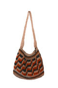 A hand-woven shoulder bag with a zigzag chevron pattern in orange, brown, black, and beige, featuring a single thick woven strap, shown against a plain white background.