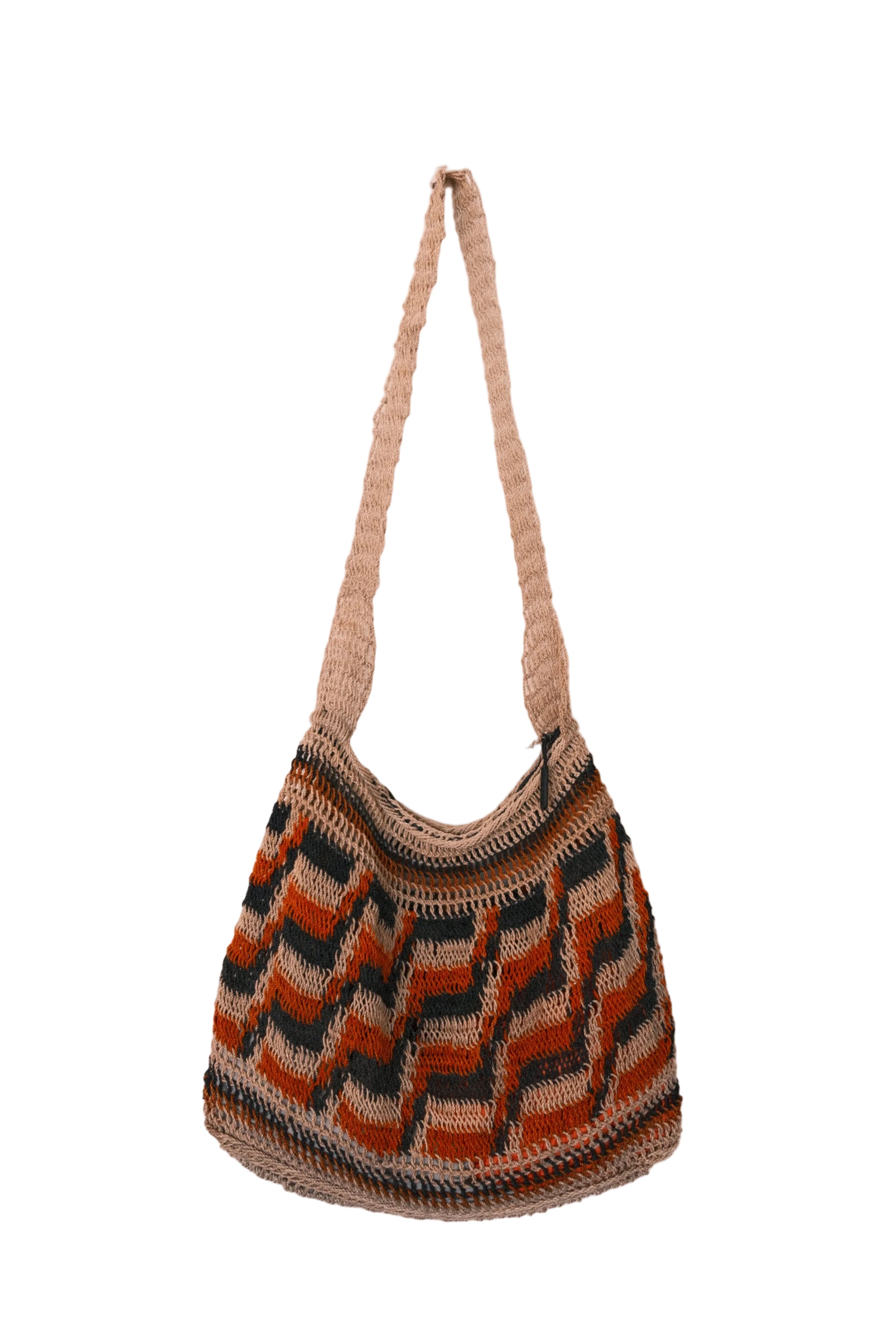 A hand-woven shoulder bag with a zigzag chevron pattern in orange, brown, black, and beige, featuring a single thick woven strap, shown against a plain white background.